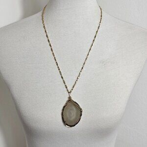 Agate Stone Slice Pendant Necklace Gold Tone Wire Wrap with Bar Link Chain